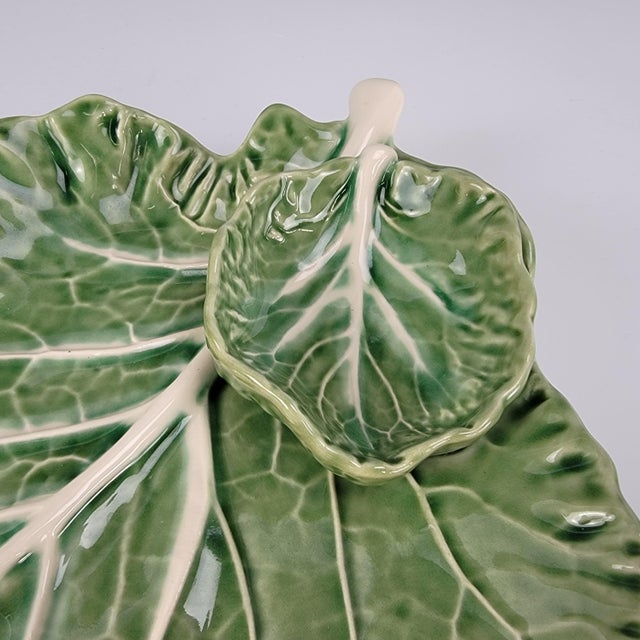 Vintage Bordallo Pinheiro Green Cabbage Leaf Chip & Dip Serving Dish