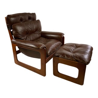 Mid-Century Danish Teak & Leather Lounge Sling Chair & Foot Stool For Sale