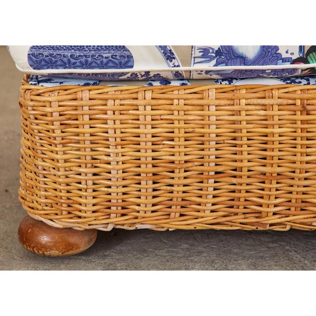 Wicker Rattan Settee and Armchair Chinoiserie Blue and White Upholstery For Sale - Image 11 of 13