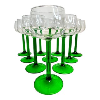 Mid 20th Century French Hollywood Regency Bottle Green Stem Wine Glasses - Set of 10. For Sale