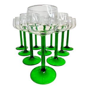 Mid 20th Century French Hollywood Regency Bottle Green Stem Wine Glasses - Set of 10.