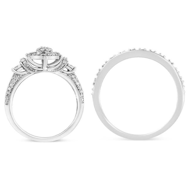 Contemporary .925 Sterling Silver 1/3 Cttw Diamond 7 Stone Cluster and Halo Engagement Ring and Wedding Band Set (I-J Color, I1-I2 Clarity) - Size 12 For Sale - Image 3 of 6