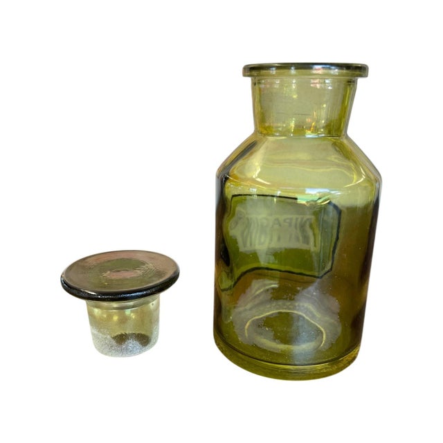 Set of 3 Vintage Olive Green Toned Glass Apothecary Bottles With Glass Stoppers and Pharmacy Labels. For Sale - Image 4 of 9