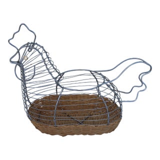 Vintage Wire and Wicker Chicken Egg Basket For Sale