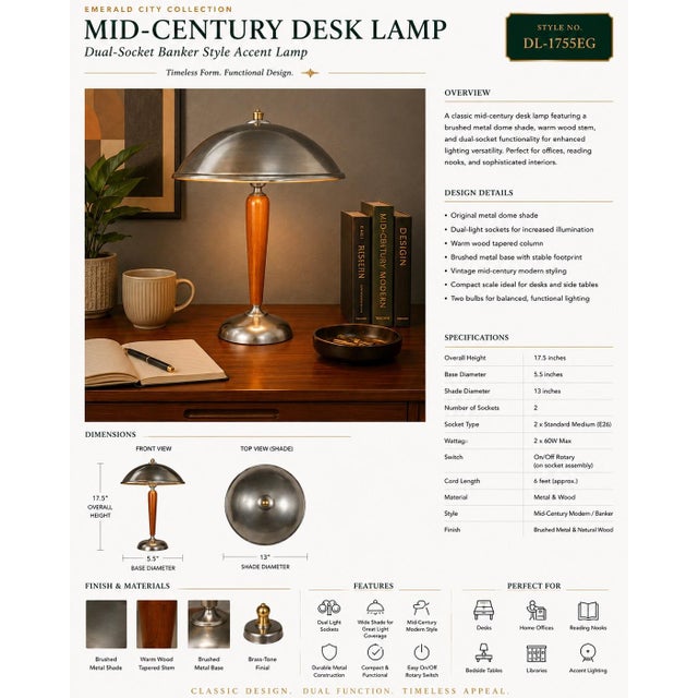 A sculptural mid-century modern desk lamp featuring a brushed metal dome shade, warm walnut stem, dual-light socket...