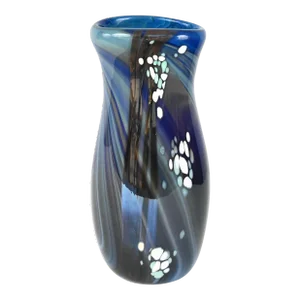 Mid-Century Art Glass Flower Vase Signed Swispot, Blue and White Glass Vase