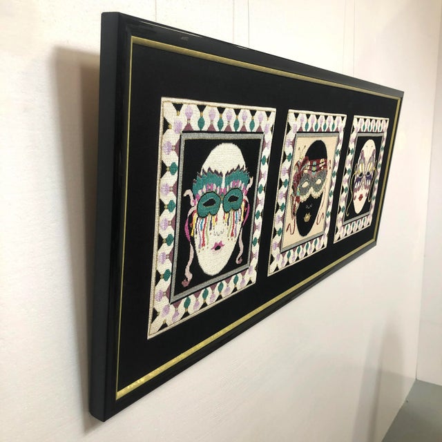 1980s Long 1980s Needlepoint Textile Wall Art | Mardi Gras Carnival Masks For Sale - Image 5 of 10