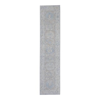 Turkish Oushak Runner Rug in Soft Blue & Taupe Hand Knotted Wool Rug 2'4" X 10'1" For Sale