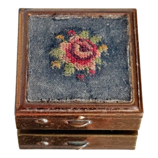 Vintage Mid Century Petit Point Floral Brass Pill Box Viennese Needlepoint Vanity Box For Sale