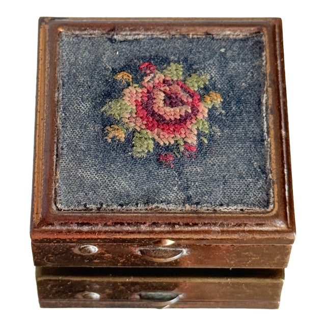 Vintage Mid Century Petit Point Floral Brass Pill Box Viennese Needlepoint Vanity Box For Sale