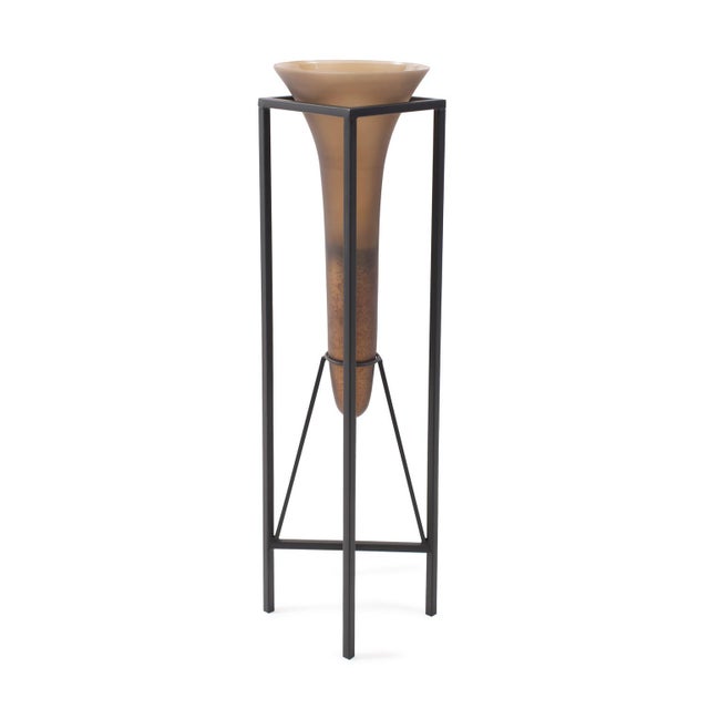Kenneth Ludwig Chicago Bronze Euler Drop Vase with Black Iron Stand- Large For Sale - Image 4 of 11