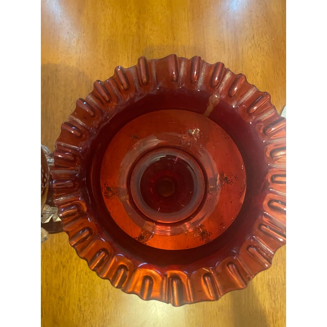 Glass Pair of Ruby Red Glass Mantel Lustres/Hurricane Candle Holders With Crystal Prisms For Sale - Image 7 of 10