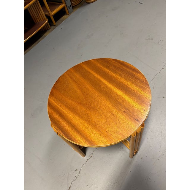 Restored Vintage Rattan Vertically Stacked Circular Drink Side Table With Mahogany Top For Sale In Los Angeles - Image 6 of 9