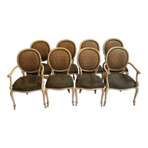 1970s Set of 8 Vintage Italian Carved Wood Rope Chairs