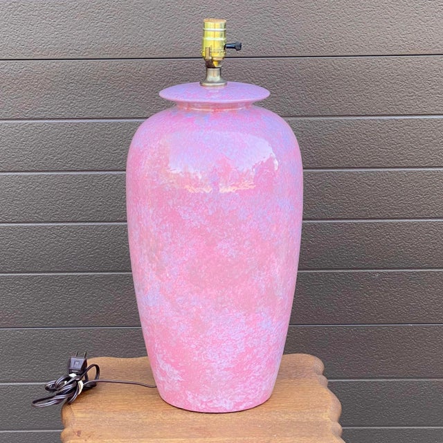 Mid 20th Century Vintage Mottled Pink Glazed Ceramic Table Lamp For Sale - Image 5 of 13