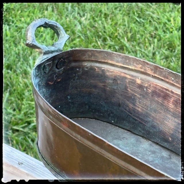 Vintage Copper Hammered Basin French Country Basin Planter With Steel Handles For Sale - Image 10 of 11