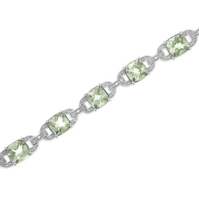 Haus of Brilliance .925 Sterling Silver 7x7 mm Cushion Cut Green Amethyst and 1/20 cttw Round Cut Diamond Fashion Tennis Bracelet - 7" For Sale - Image 4 of 7