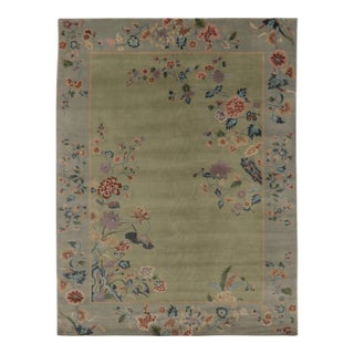 Rug & Kilim’s Chinese Art Deco Inspired Rug, Light Green and Blue With Florals For Sale