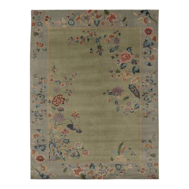 Rug & Kilim’s Chinese Art Deco Inspired Rug, Light Green and Blue With Florals For Sale