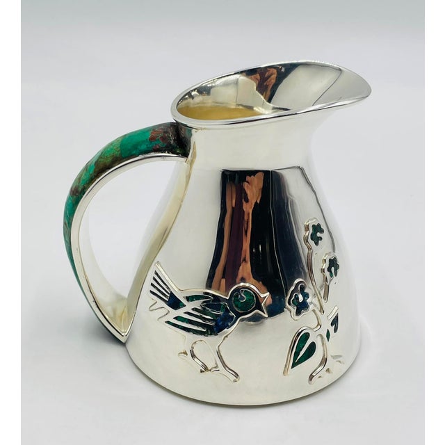 Los Castillo 1960s Los Castillo Taxco Malachite & Silver Plate Bird Pitcher For Sale - Image 4 of 18
