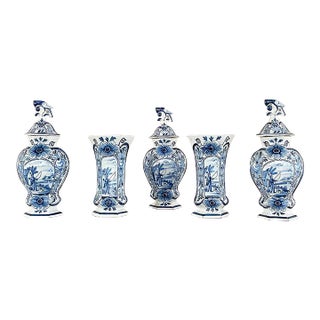 Set of Five 18th Century Hand-Painted Delft Vases Including 3 Lidded Urns For Sale