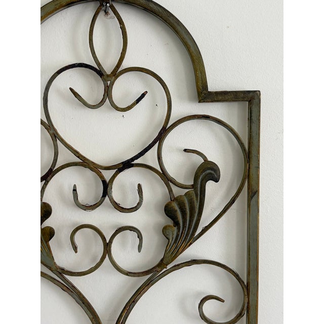 French Country Vintage 36" Wrought Iron Scroll Wall Panel With Cast Leaf Accents For Sale - Image 3 of 17