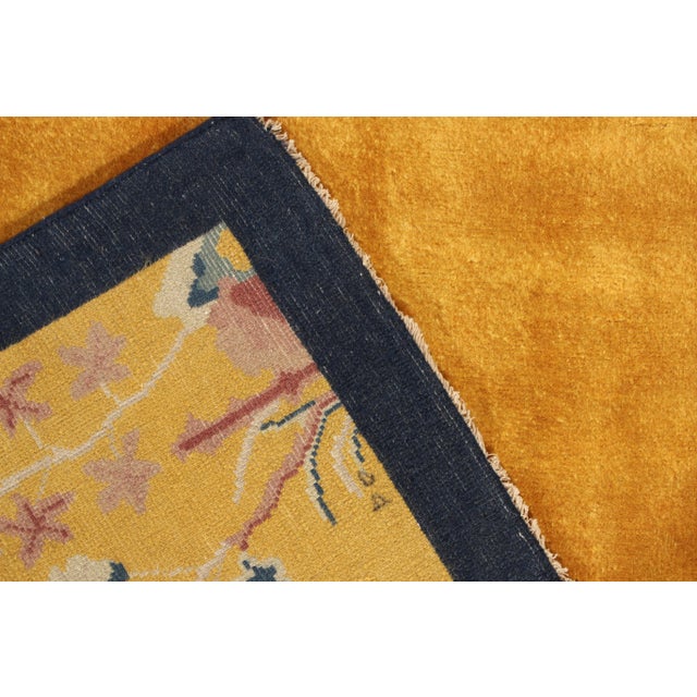 1980s Vintage Chinese Deco Style Rug in Gold, Navy Border, Bright Floral Patterns For Sale - Image 5 of 6