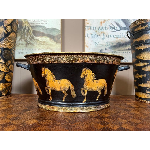 Farmhouse Antique English Planter Jardiniere Horse Equine Black Decoupage Tole Metal C1900 For Sale - Image 3 of 18