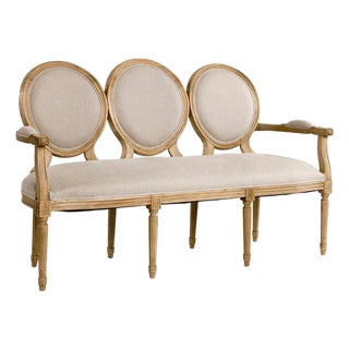 Medallion Louie Bench in Linen with Natural Oak Frame For Sale
