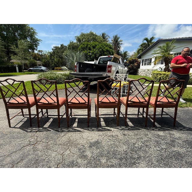 Hollywood Regency Vintage Chinese Chippendale Faux Bamboo Wooden Dining Chairs Set of 6 For Sale - Image 3 of 9