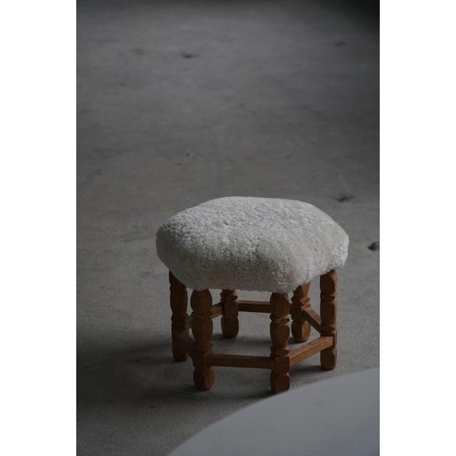 Mid-Century Modern Danish Hexagonal Oak Stool with Shearling Lambswool Upholstery, 1950 For Sale - Image 10 of 14