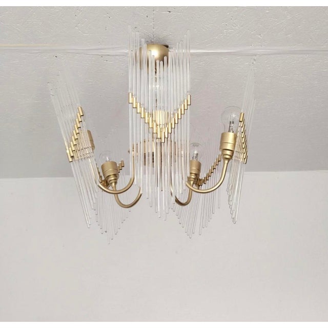 Rare 1970s Brass & Glass Rod Chandelier | 5-Light Vintage Fixture | Restored Mid Century Lighting For Sale - Image 9 of 14