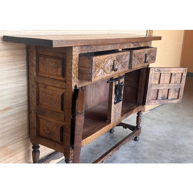19th Spanish Baroque Carved Walnut Tuscan Two Drawer Credenza or Buffet For Sale - Image 6 of 18