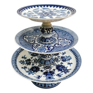 1990s Large Chinoiserie Blue & White 3-Tier Porcelain Serving Stand by Bombay For Sale