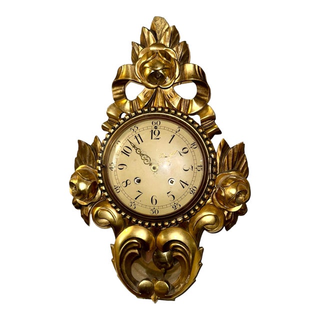 Vintage Ornate Giltwood Decorated Wall Hanging Sweden Clock For Sale