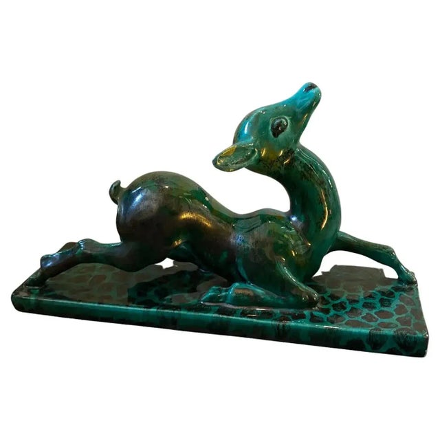 1930s Egisto Fantechi Art Deco Green Ceramic Italian Sculpture of a Fawn For Sale - Image 12 of 12