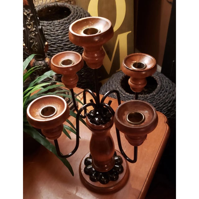 1960s Vintage Wood and Iron 5 Arm Candelabra For Sale In Saint Louis - Image 6 of 10