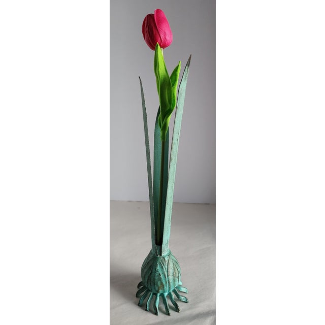 1980s Verdigris Italian Carnevale Brass Bud Vase With Real Feel Tulip For Sale - Image 5 of 5