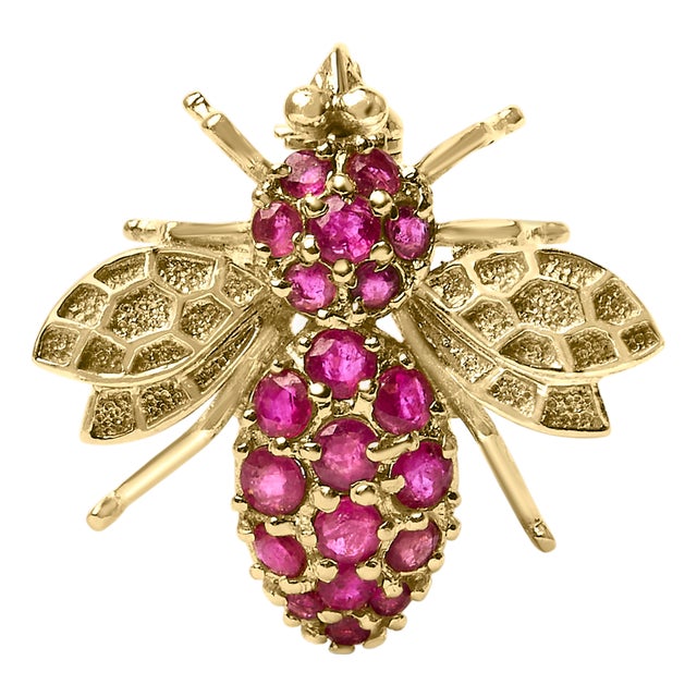 14K Yellow Gold Red Ruby Bee Brooch Pin For Sale