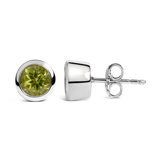 Contemporary .925 Sterling Silver 6MM Bezel Set Created Green Peridot Solitaire Stud Earrings For Sale - Image 3 of 5