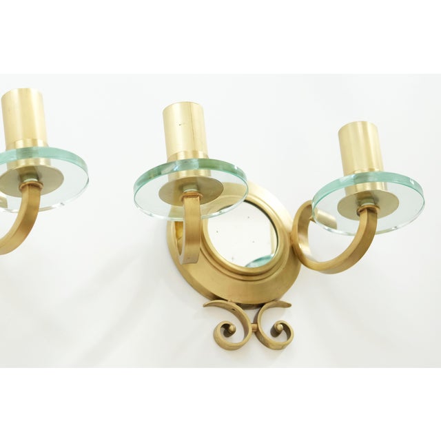 Gold French Gilt-Bronze and Glass Sconces with Central Mirrors, 1940, Set of 2 For Sale - Image 8 of 10