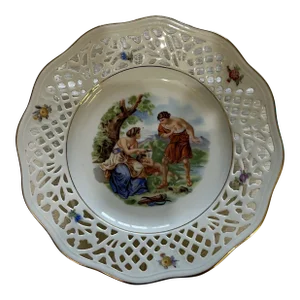 Bavaria Schumann Pierced Porcelain Plate White With Decorative Figures and Flowers