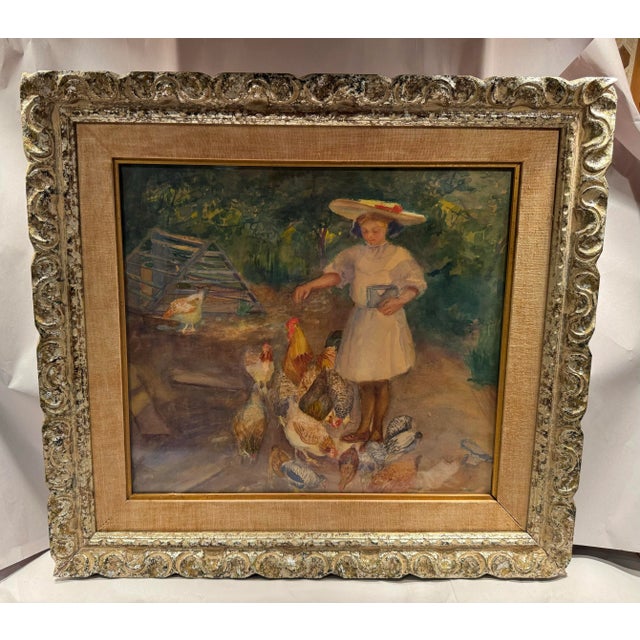 19th Century French Impressionist Watercolor Painting of a Girl With Chickens For Sale - Image 4 of 10