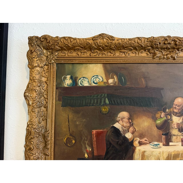 Realism Antique Oil Painting Signed Holly European Tavern Interior Genre Scene, Framed For Sale - Image 3 of 11