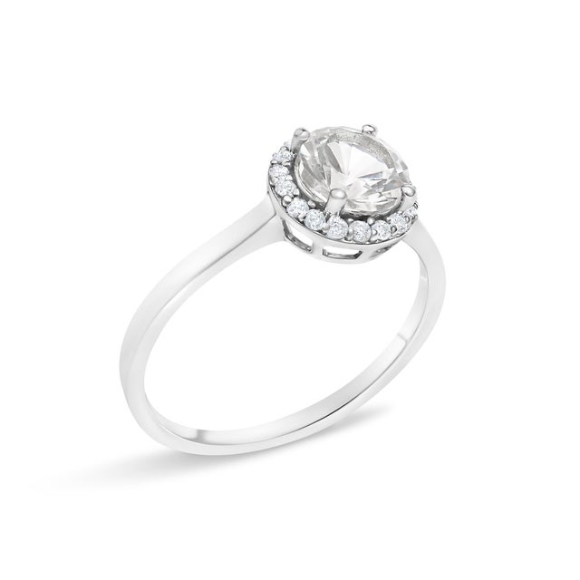 Contemporary 10K White Gold White Topaz and 1/10 Cttw Diamond Halo Ring For Sale - Image 3 of 7