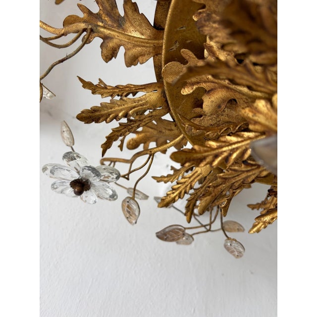 Metal Flush Mount Maison Baguès Crystal Flowers Leaves Chandelier 15 Lights Signed For Sale - Image 7 of 11