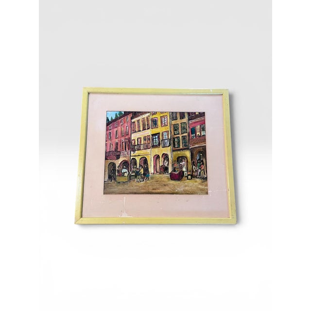 A charming original 1973 oil on board depicting a lively street market in Lugano, Switzerland, painted by Cervi (Columbia...