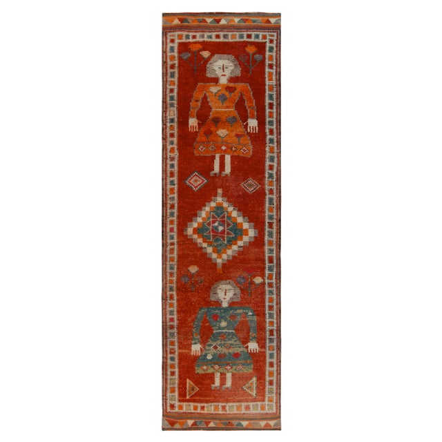 Textile 1950s Vintage Tribal Runner in Red, Orange and Blue Pictorial Figures For Sale - Image 7 of 7