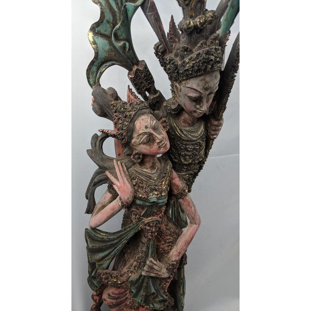 Wood Large Vintage Balinese Polychrome Carved Wood Rama and Sita Sculpture, 32" For Sale - Image 7 of 17