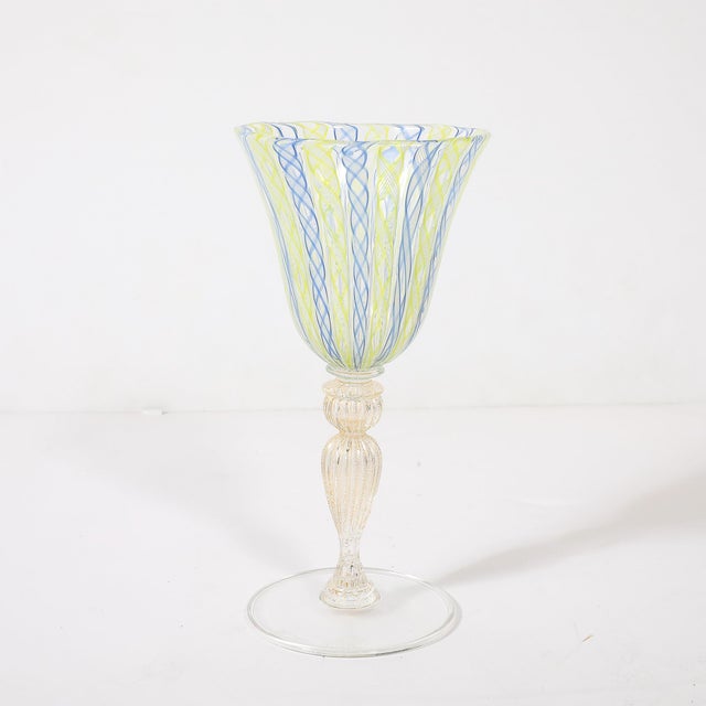 Chartreuse Set of 8 Hand-Blown Murano Latticino Blue & Chartreuse Wine Glasses W/ 24k Gold For Sale - Image 8 of 18